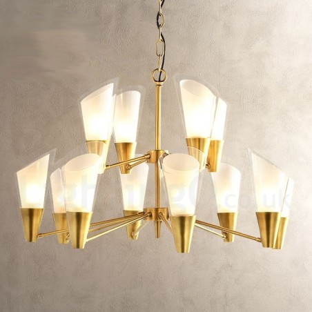 Lampadario a sospensione in ottone retrò rustico con 12 luci e paralumi in vetro E14