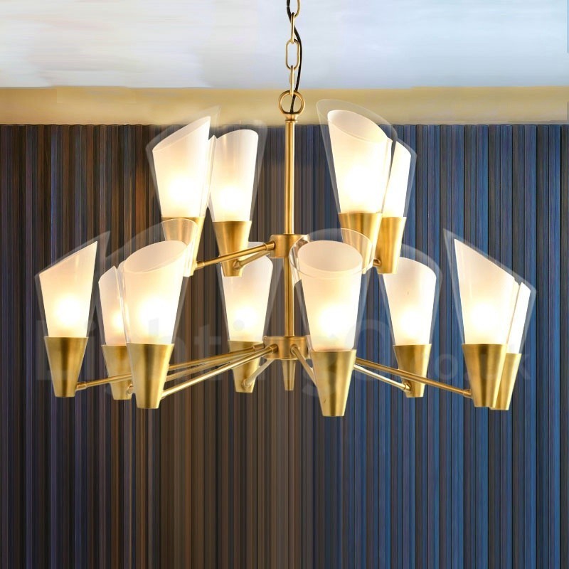 Lampadario a sospensione in ottone retrò rustico con 12 luci e paralumi in vetro E14