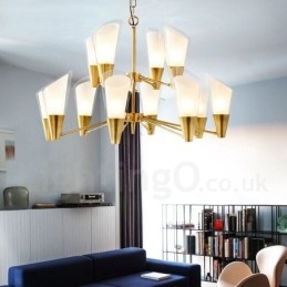 Lampadario a sospensione in ottone retrò rustico con 12 luci e paralumi in vetro E14