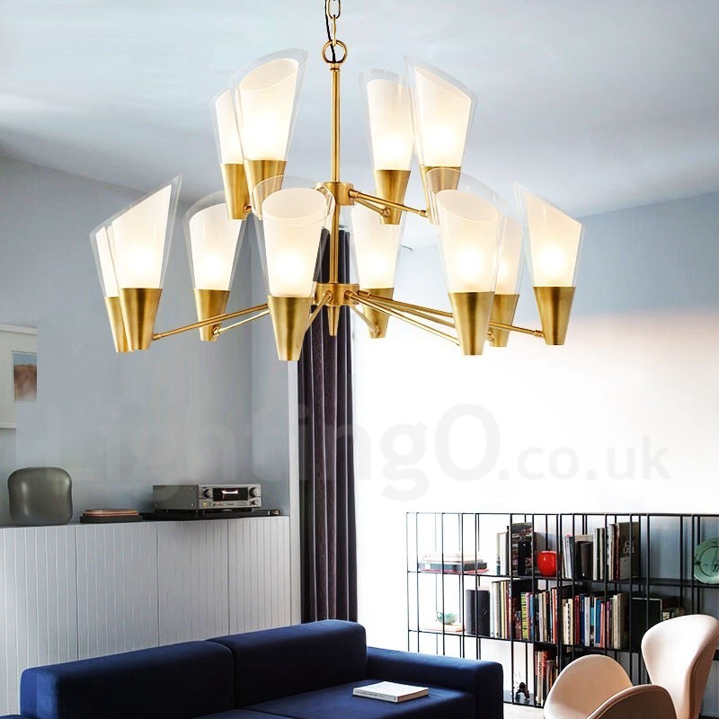 Lampadario a sospensione in ottone retrò rustico con 12 luci e paralumi in vetro E14