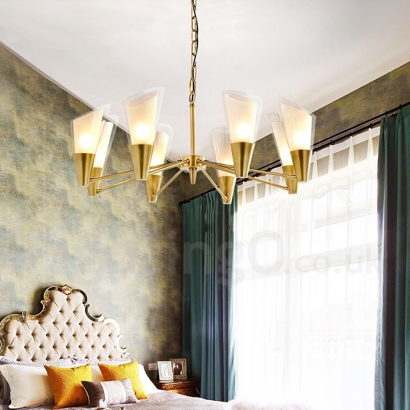 Lampadario a sospensione retrò rustico in ottone e vetro 8 luci E14 80x30 cm