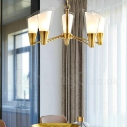 Lampadario a sospensione rustico retrò in ottone con paralumi in vetro 5 luci E14