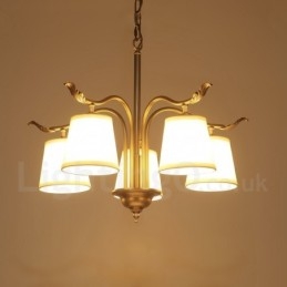 Lampadario a sospensione in ottone retrò rustico a 5 luci con paralume in tessuto