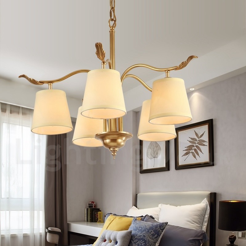 Lampadario a sospensione in ottone retrò rustico a 5 luci con paralume in tessuto