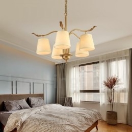 Lampadario a sospensione in ottone retrò rustico a 5 luci con paralume in tessuto