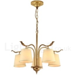 Lampadario a sospensione in ottone retrò rustico a 5 luci con paralume in tessuto