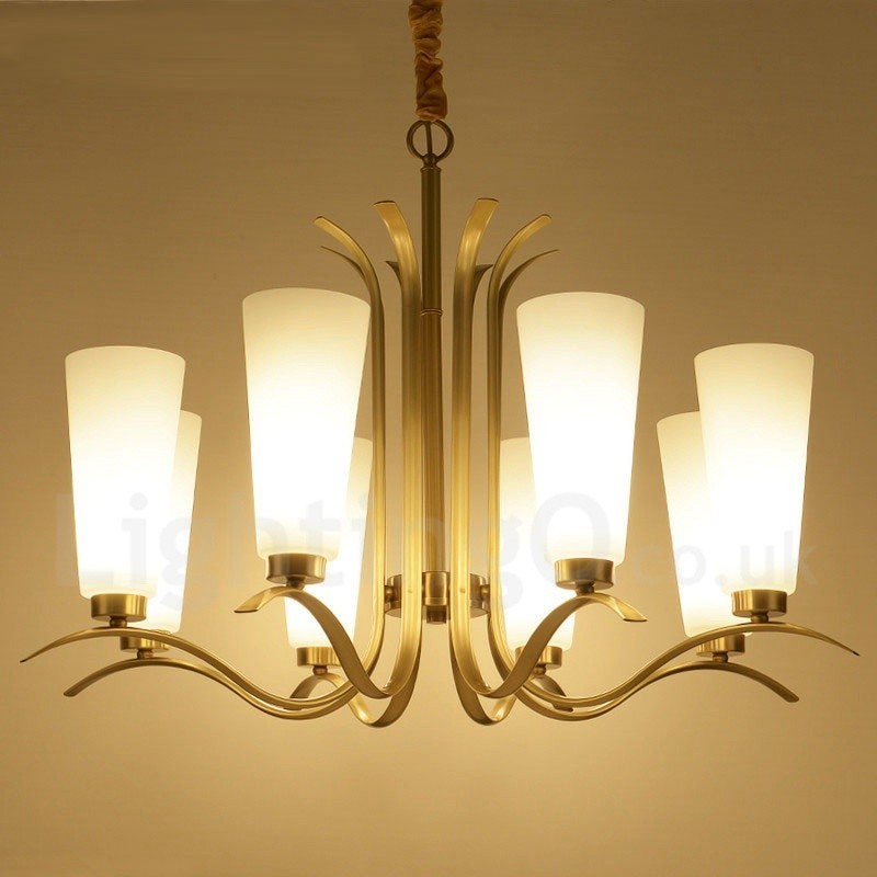 Lampadario a sospensione in ottone retrò rustico a 8 luci con paralume in vetro E27