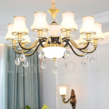 Lampadario a sospensione retrò rustico in cristallo con paralume in vetro, E14, 10 luci