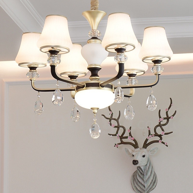 Lampadario retrò di lusso in cristallo con paralume in vetro