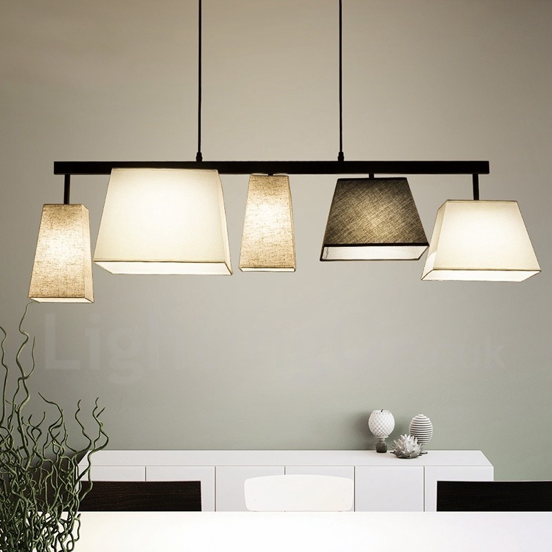 Lampada a sospensione contemporanea in acciaio a 5 luci con paralumi in tessuto, E27, 118 x 33 cm