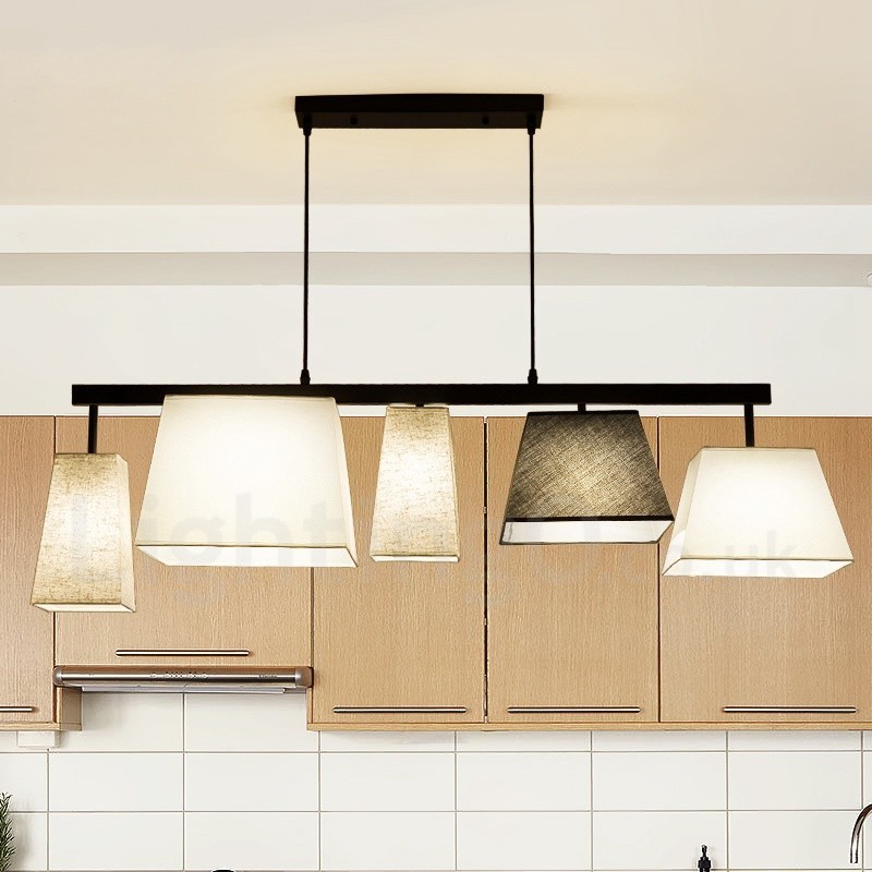Lampada a sospensione contemporanea in acciaio a 5 luci con paralumi in tessuto, E27, 118 x 33 cm