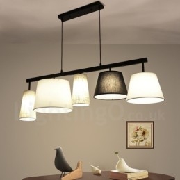 Lampada a sospensione contemporanea in acciaio con 5 luci e paralume in tessuto 118 cm