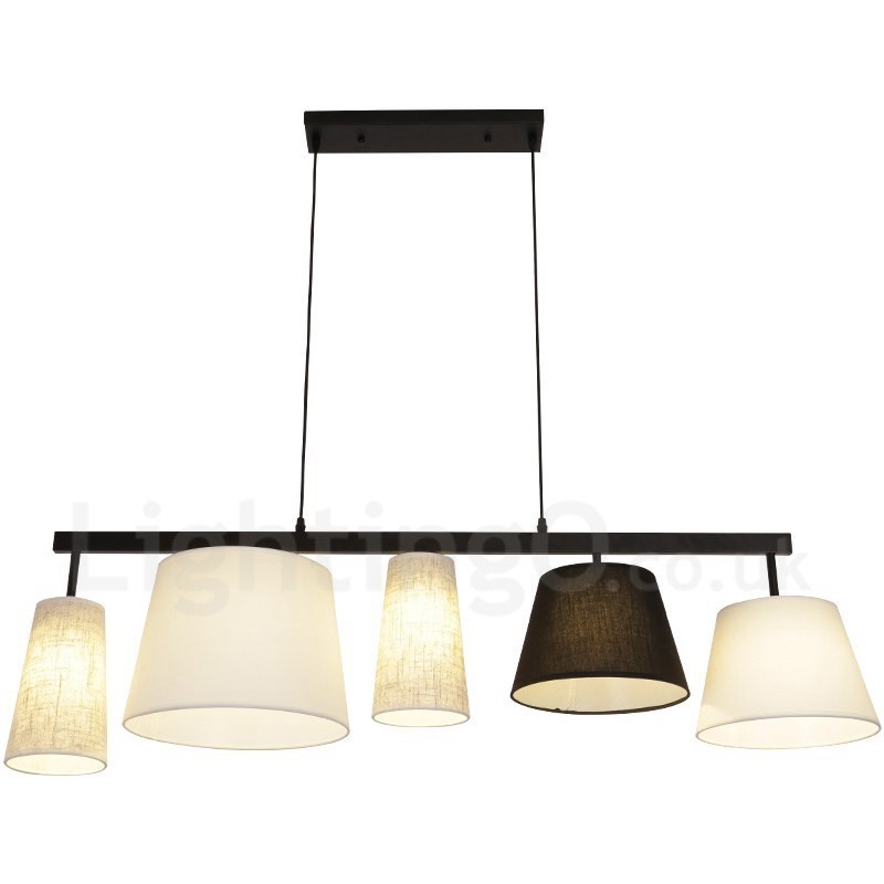 Lampada a sospensione contemporanea in acciaio con 5 luci e paralume in tessuto 118 cm