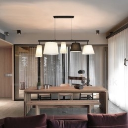 Lampada a sospensione contemporanea in acciaio con 5 luci e paralume in tessuto 118 cm