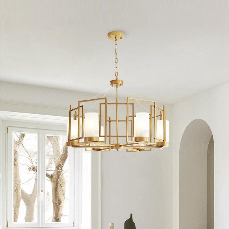 Lampada a sospensione contemporanea 6 luci in ottone con paralumi in vetro E14 76x30 cm