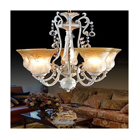 Lampadario classico bianco a 5 luci con paralumi in vetro dorato a mano