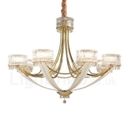 Lampadario moderno contemporaneo in acciaio a 8 luci con paralumi in cristallo