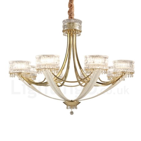Lampadario moderno contemporaneo in acciaio a 8 luci con paralumi in cristallo