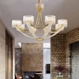 Lampadario moderno contemporaneo in acciaio a 8 luci con paralumi in cristallo