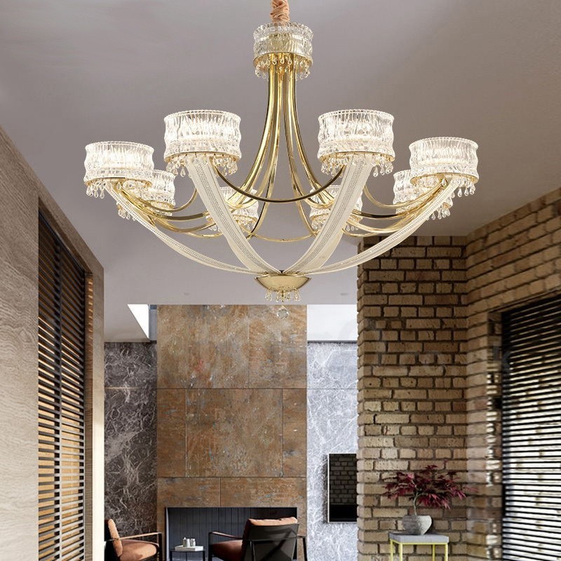 Lampadario moderno contemporaneo in acciaio a 8 luci con paralumi in cristallo