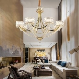 Lampadario moderno contemporaneo in acciaio a 8 luci con paralumi in cristallo