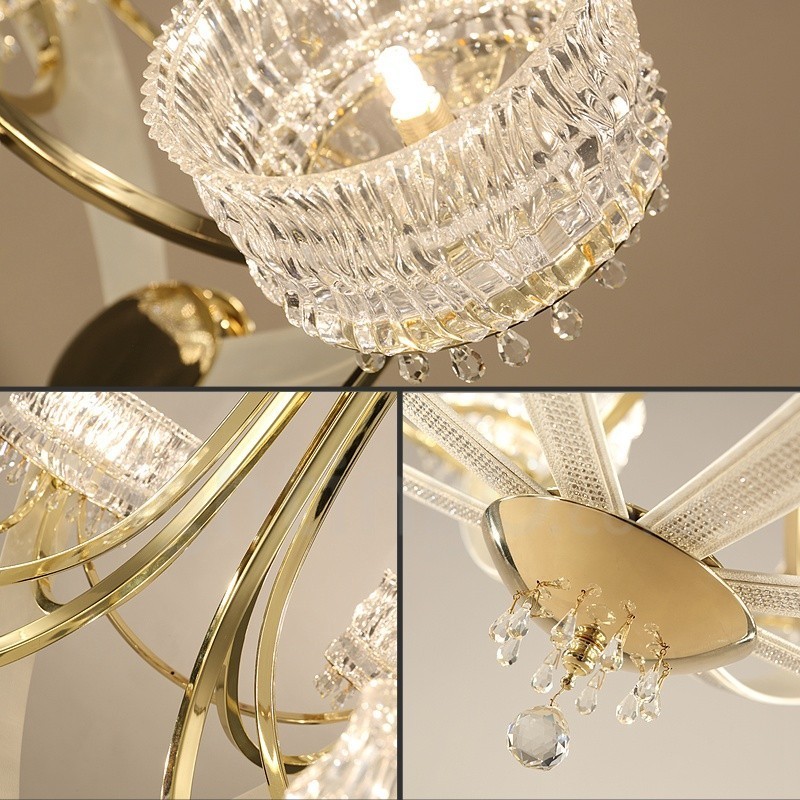 Lampadario moderno contemporaneo in acciaio a 8 luci con paralumi in cristallo
