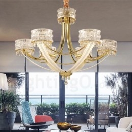 Lampadario contemporaneo in acciaio a 6 luci con paralume in cristallo, Ø 89 cm H 65 cm