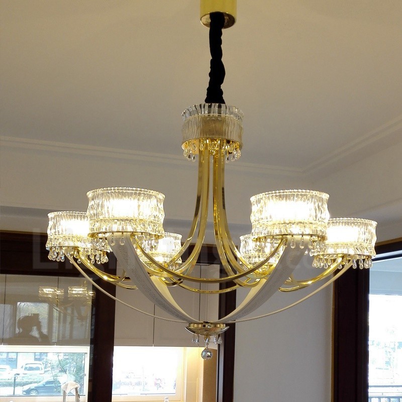 Lampadario contemporaneo in acciaio a 6 luci con paralume in cristallo, Ø 89 cm H 65 cm