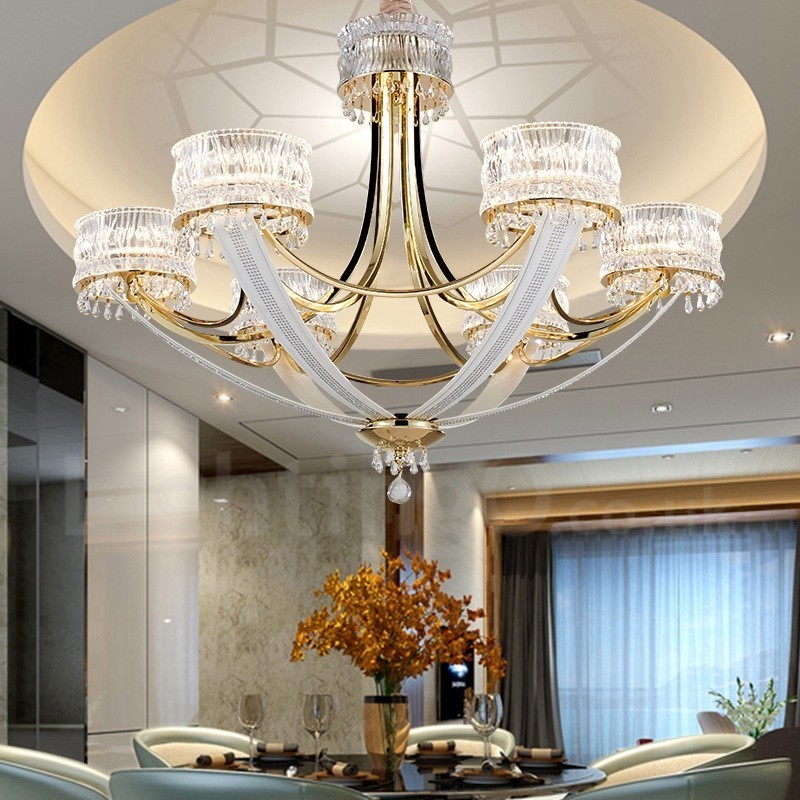 Lampadario contemporaneo in acciaio a 6 luci con paralume in cristallo, Ø 89 cm H 65 cm