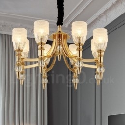 Lampadario mediterraneo in acciaio con paralumi in vetro, 8 luci E14, Ø 70 cm H 41 cm