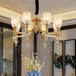 Lampadario mediterraneo in acciaio con paralumi in vetro, 8 luci E14, Ø 70 cm H 41 cm
