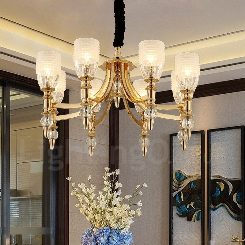 Lampadario mediterraneo in acciaio con paralumi in vetro, 8 luci E14, Ø 70 cm H 41 cm