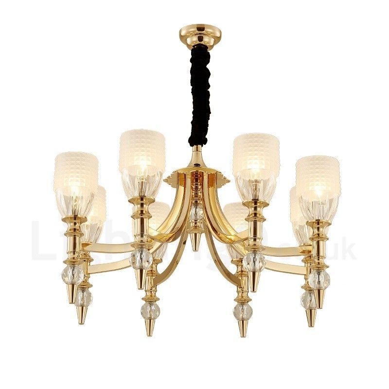 Lampadario mediterraneo in acciaio con paralumi in vetro, 8 luci E14, Ø 70 cm H 41 cm