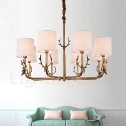 Lampadario rustico in ottone a 8 luci con paralumi in tessuto E14 Ø 81 cm H 58 cm