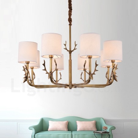 Lampadario rustico in ottone a 8 luci con paralumi in tessuto E14 Ø 81 cm H 58 cm