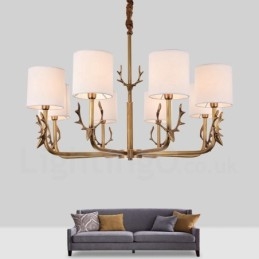 Lampadario rustico in ottone a 8 luci con paralumi in tessuto E14 Ø 81 cm H 58 cm
