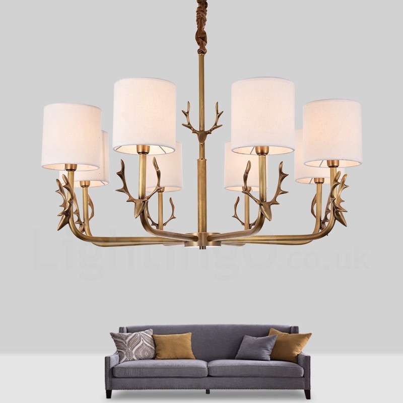 Lampadario rustico in ottone a 8 luci con paralumi in tessuto E14 Ø 81 cm H 58 cm
