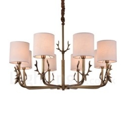Lampadario rustico in ottone a 8 luci con paralumi in tessuto E14 Ø 81 cm H 58 cm