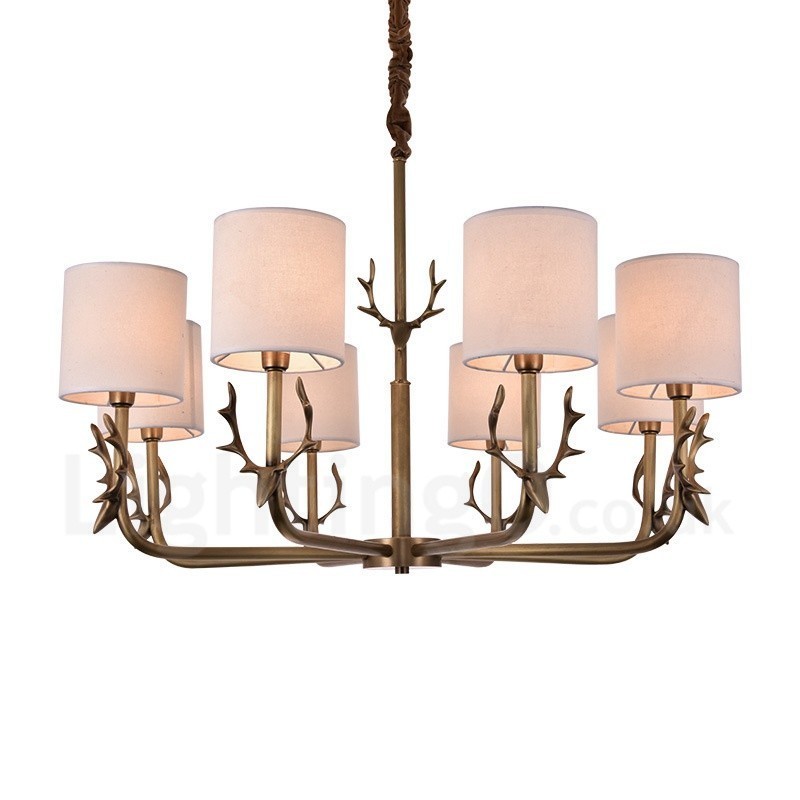 Lampadario rustico in ottone a 8 luci con paralumi in tessuto E14 Ø 81 cm H 58 cm