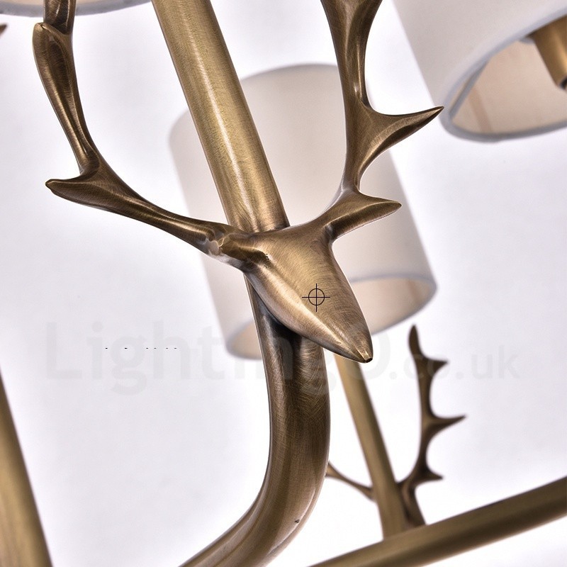Lampadario rustico in ottone a 8 luci con paralumi in tessuto E14 Ø 81 cm H 58 cm