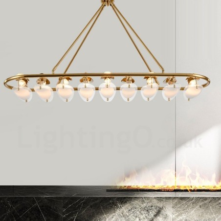 Lampada a sospensione moderna contemporanea in ottone a 9 luci con paralume in vetro