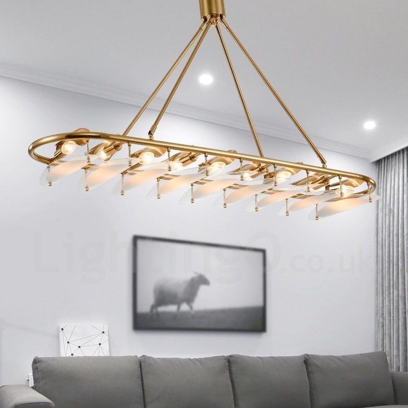 Lampada a sospensione moderna contemporanea in ottone a 9 luci con paralume in vetro