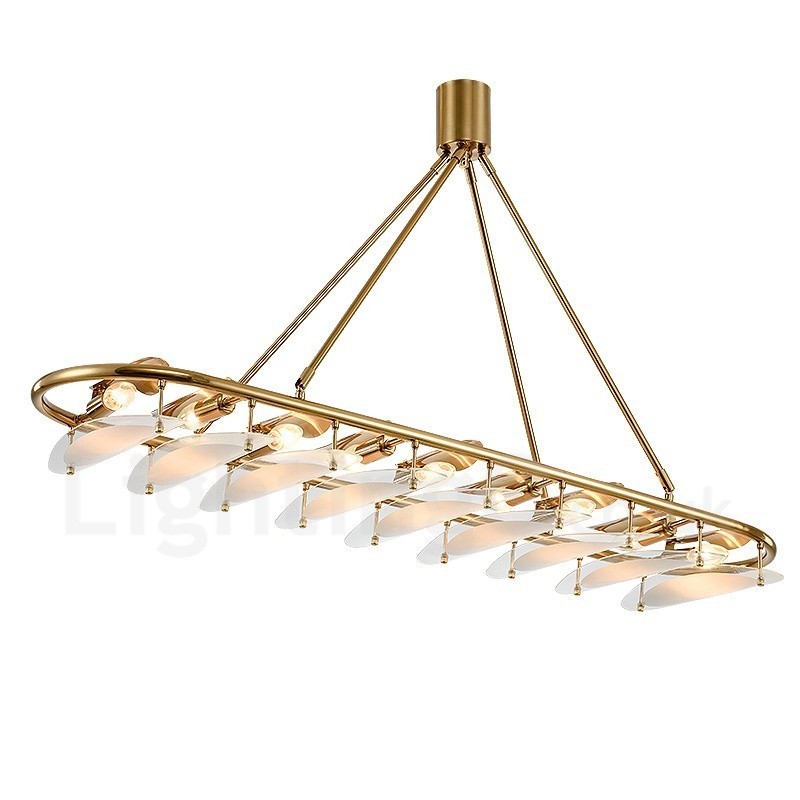 Lampada a sospensione moderna contemporanea in ottone a 9 luci con paralume in vetro