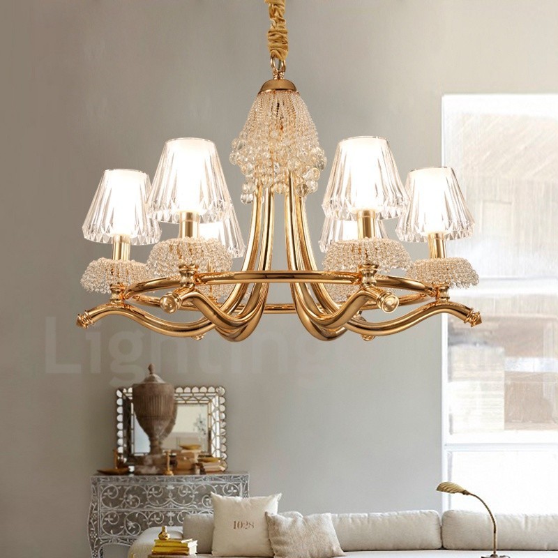 Lampadario moderno contemporaneo 6 luci E14 in acciaio e cristallo, paralume in acrilico, Ø 70 cm H 58 cm