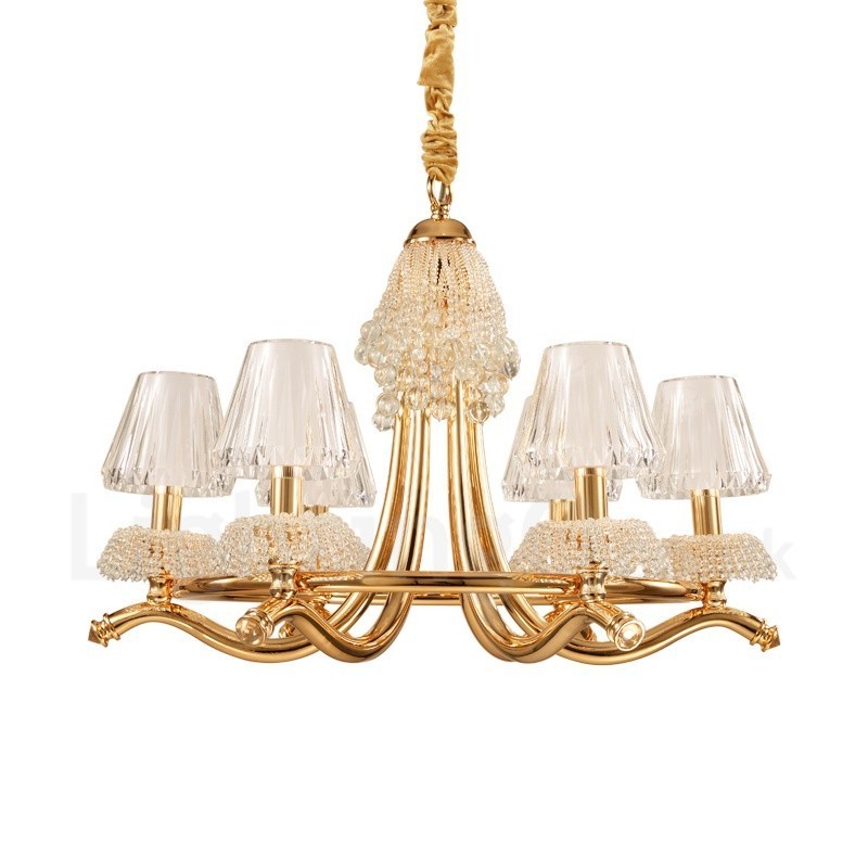 Lampadario moderno contemporaneo 6 luci E14 in acciaio e cristallo, paralume in acrilico, Ø 70 cm H 58 cm