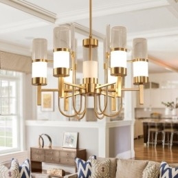 Lampadario rustico moderno contemporaneo in acciaio 6 luci con paralumi in vetro E14 Ø 65 cm H 80 cm