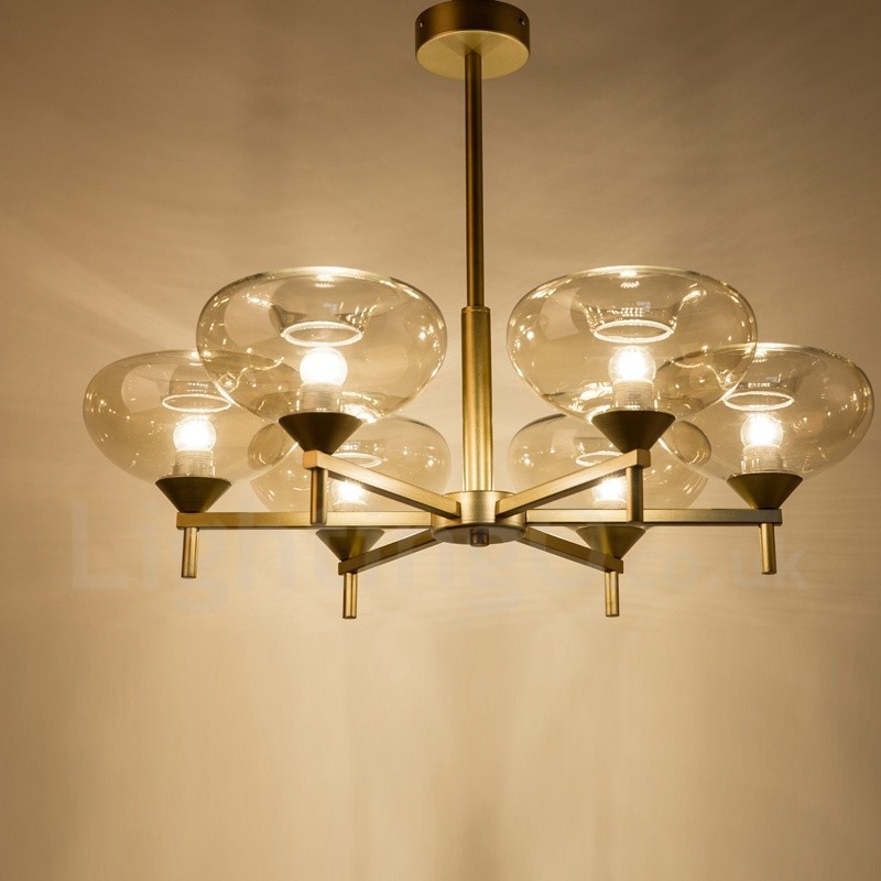 Lampadario contemporaneo 6 luci in lega di alluminio con paralume in vetro, E27, Ø 84 cm