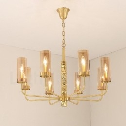Lampadario contemporaneo in ottone a 8 luci con paralume in vetro, Ø 85 cm H 60 cm, attacco E14