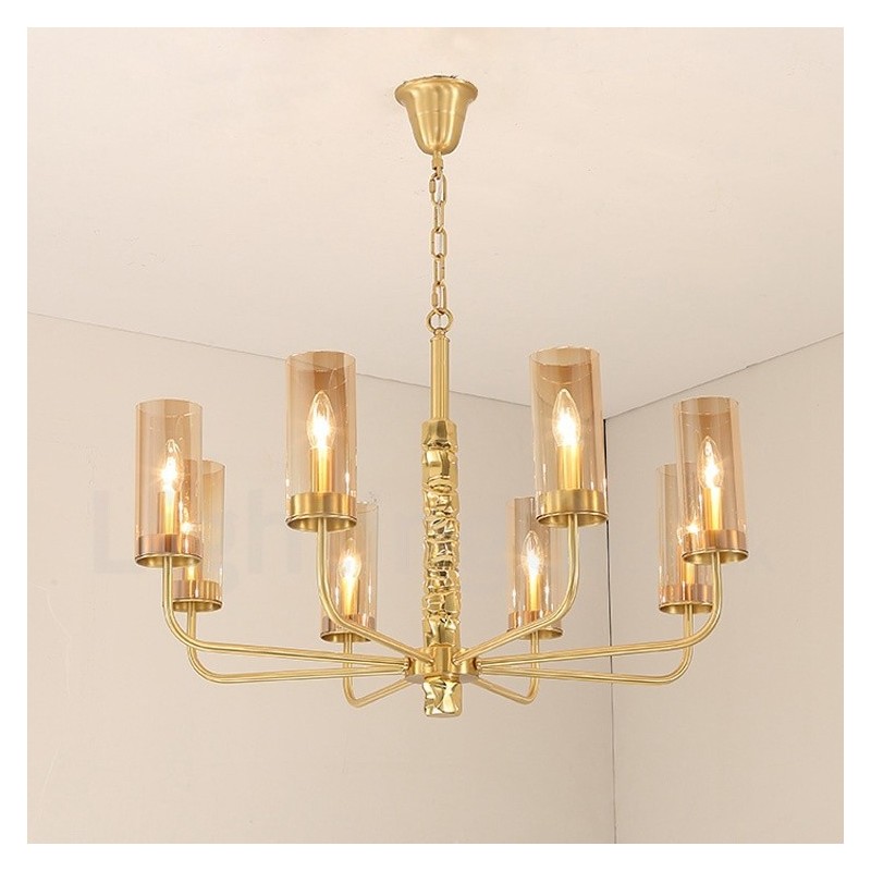 Lampadario contemporaneo in ottone a 8 luci con paralume in vetro, Ø 85 cm H 60 cm, attacco E14
