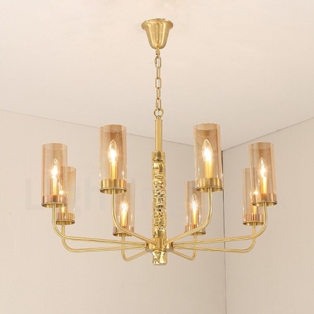 Lampadario contemporaneo in ottone a 8 luci con paralume in vetro, Ø 85 cm H 60 cm, attacco E14